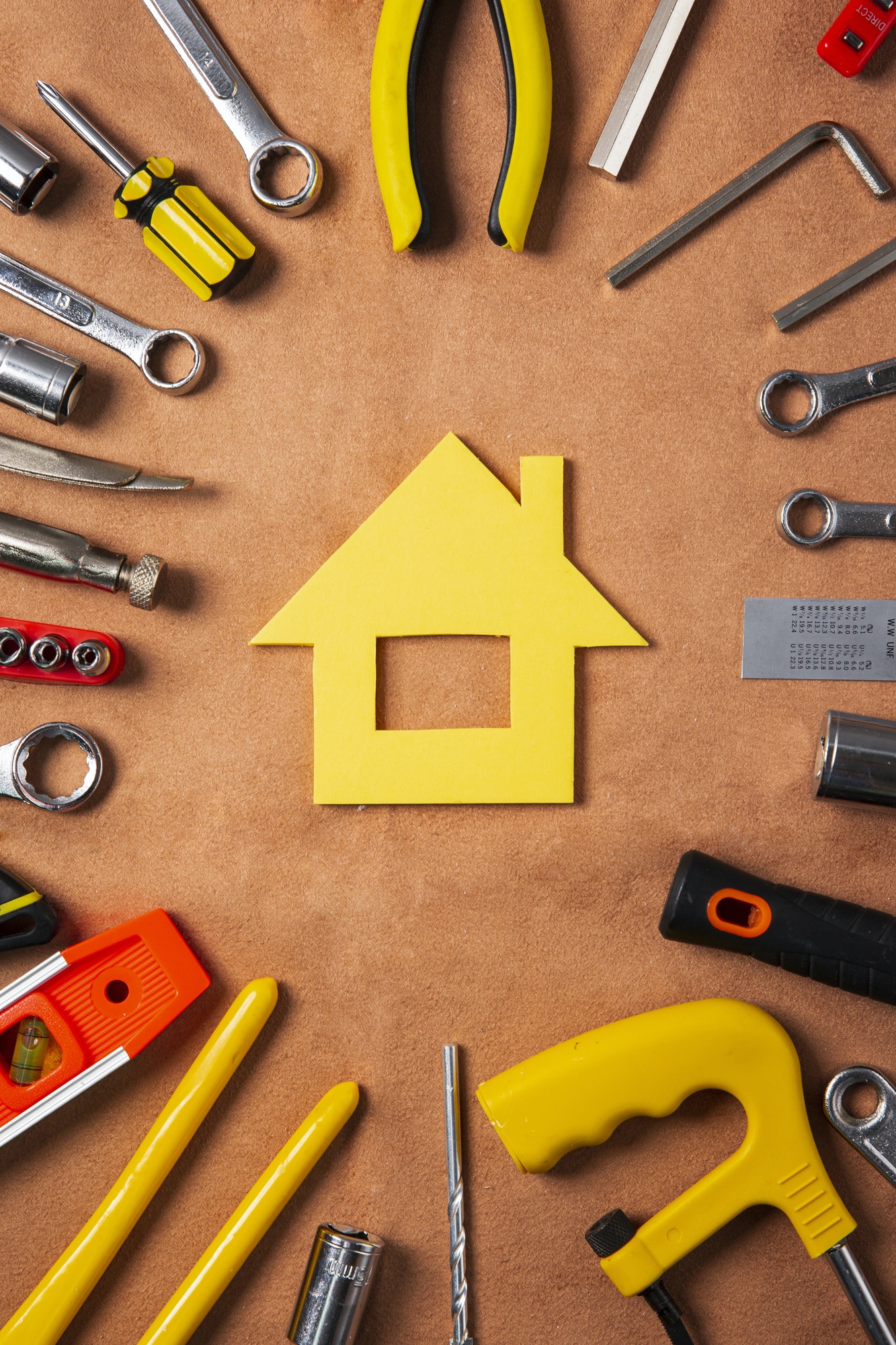Hand work tools or construction tools top view Hand work tools or construction tools top view